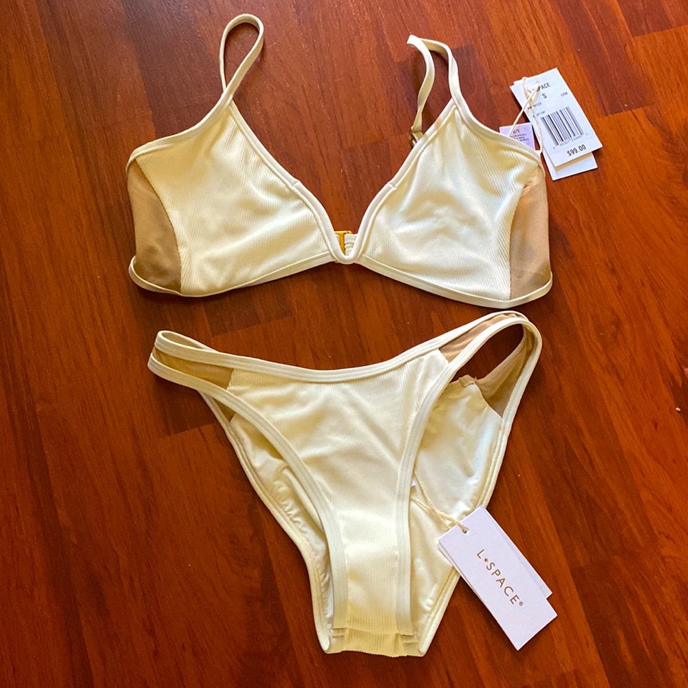 L*SPACE set Ribbed Mesh Cream Troy Bitsy Bottom Macey top small S NWT NEW